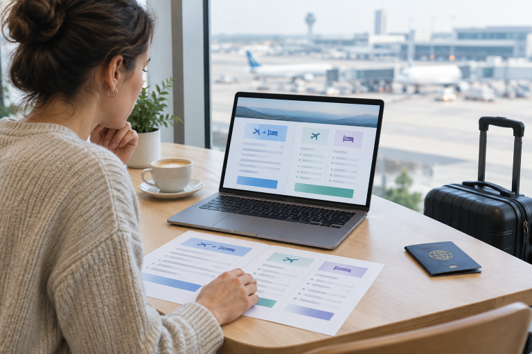 Traveler viewing a flight-and-hotel package total beside separate reservation details on a laptop