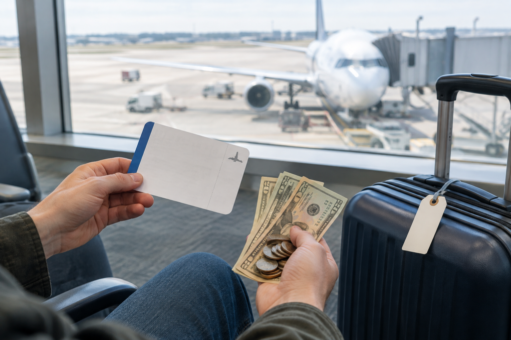 A traveler at an airport gate looking at a flight fare on a smartphone