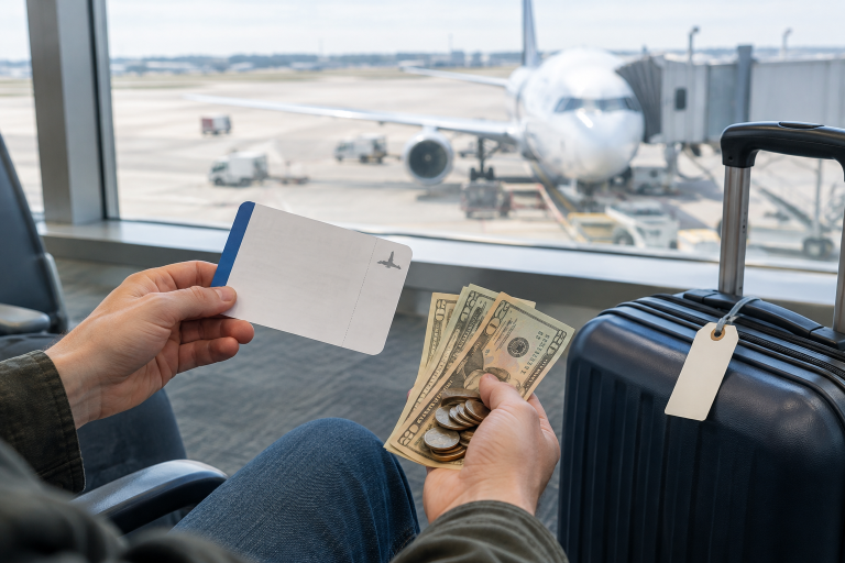 A traveler at an airport gate looking at a flight fare on a smartphone