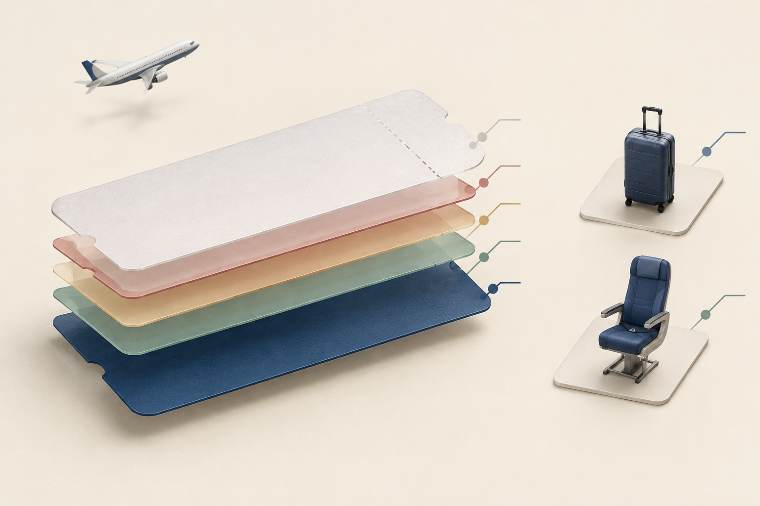 Stacked bar showing a base airfare with taxes and fees on top and optional bag and seat charges shown separately