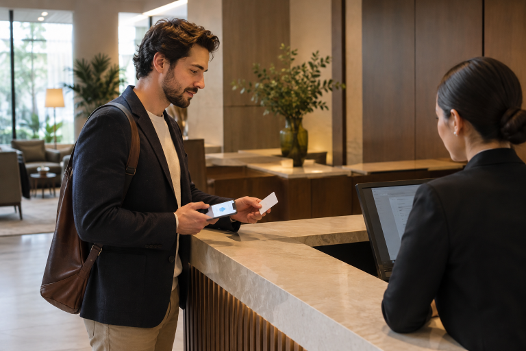 A guest handing a membership card to a hotel front desk agent during check-in