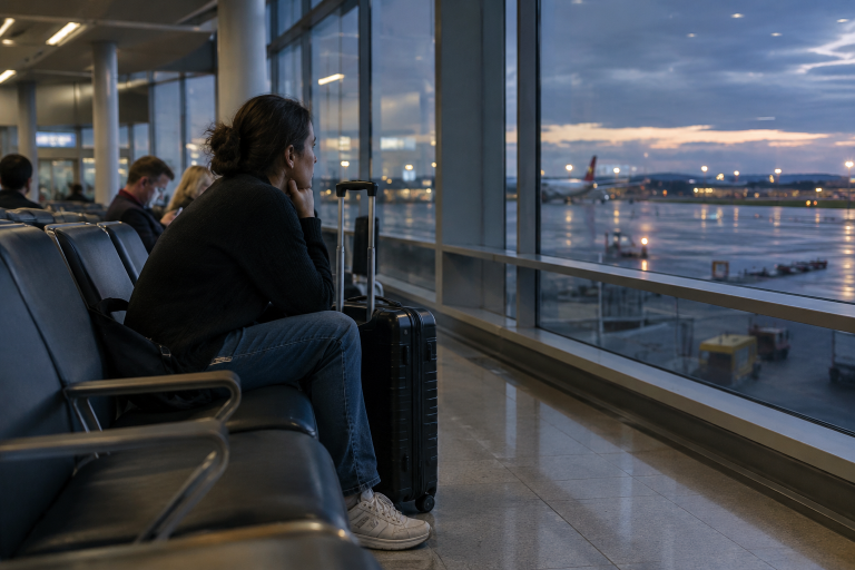 A traveler sits with luggage at an airport gate beneath a departures board that shows a flight marked delayed