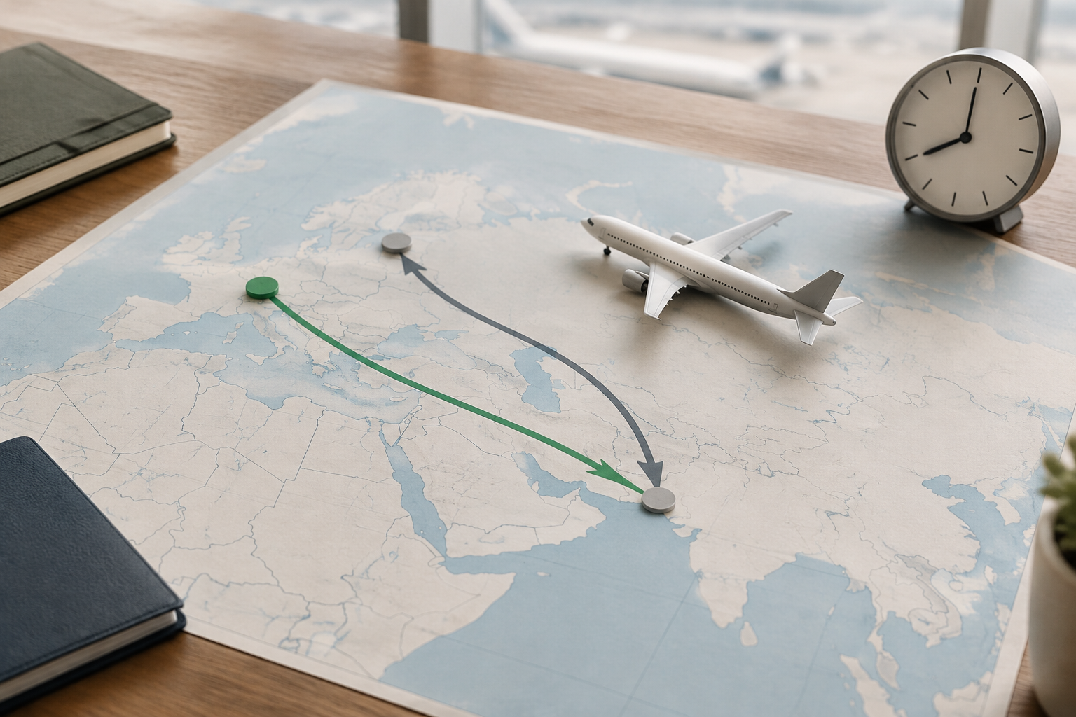 Simple route map showing London to Abu Dhabi marked as covered by UK rules, with New York to Abu Dhabi and Abu Dhabi to the US marked as not covered
